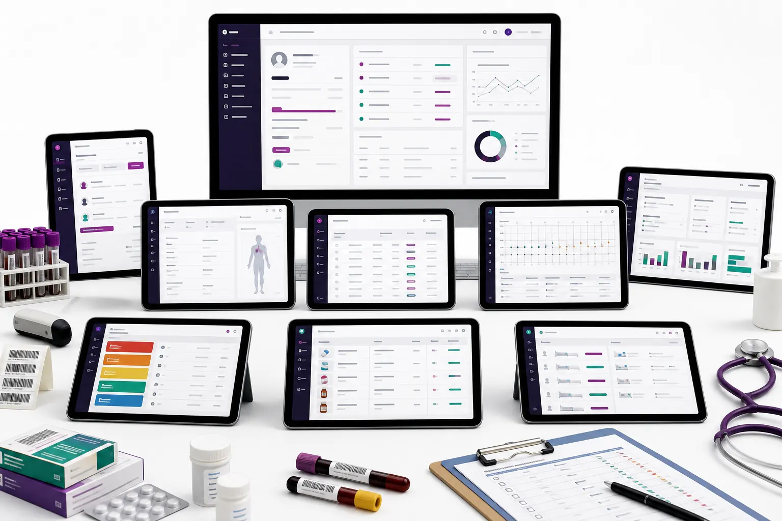 Multiple EMR module screens across desktop, tablet and mobile devices for clinical, diagnostics, pharmacy, maternity and reporting workflows