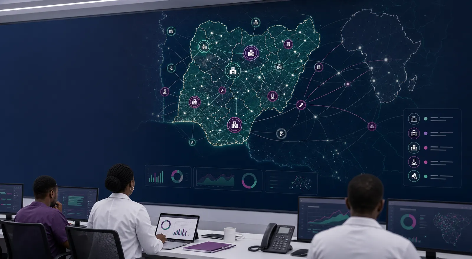Multi-facility health network connecting hospitals, PHCs, laboratories, pharmacies and referral pathways