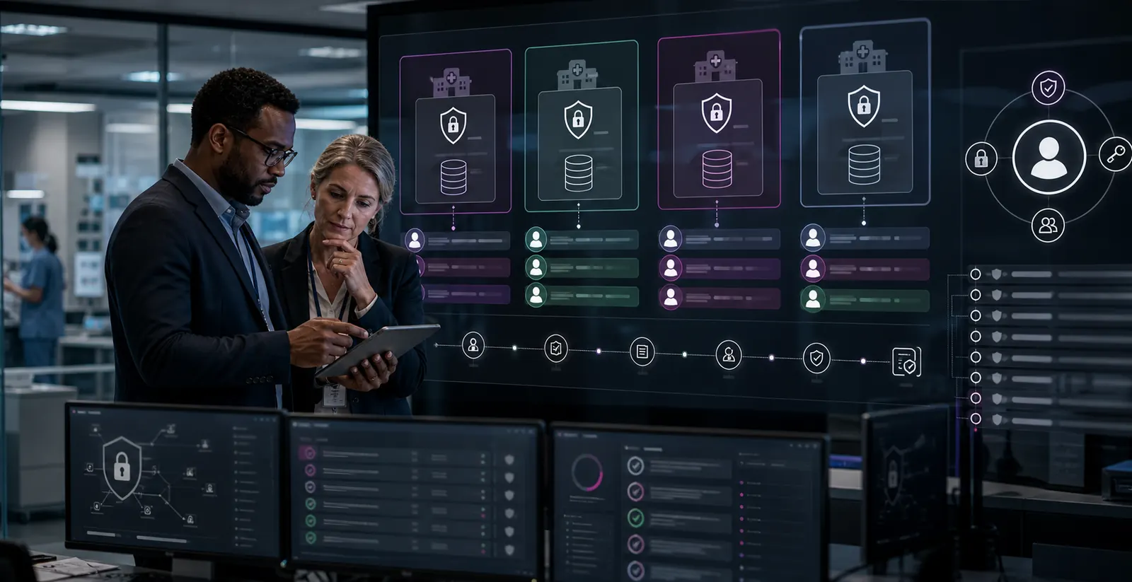 Healthcare privacy and security team reviewing tenant isolation, audit trail and access-control safeguards